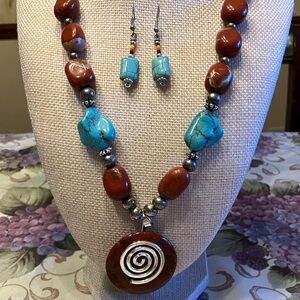 RED JASPER AND AUTHENTIC TURQUOISE SILVER ACCENTS WITH TURQ EARRINGS